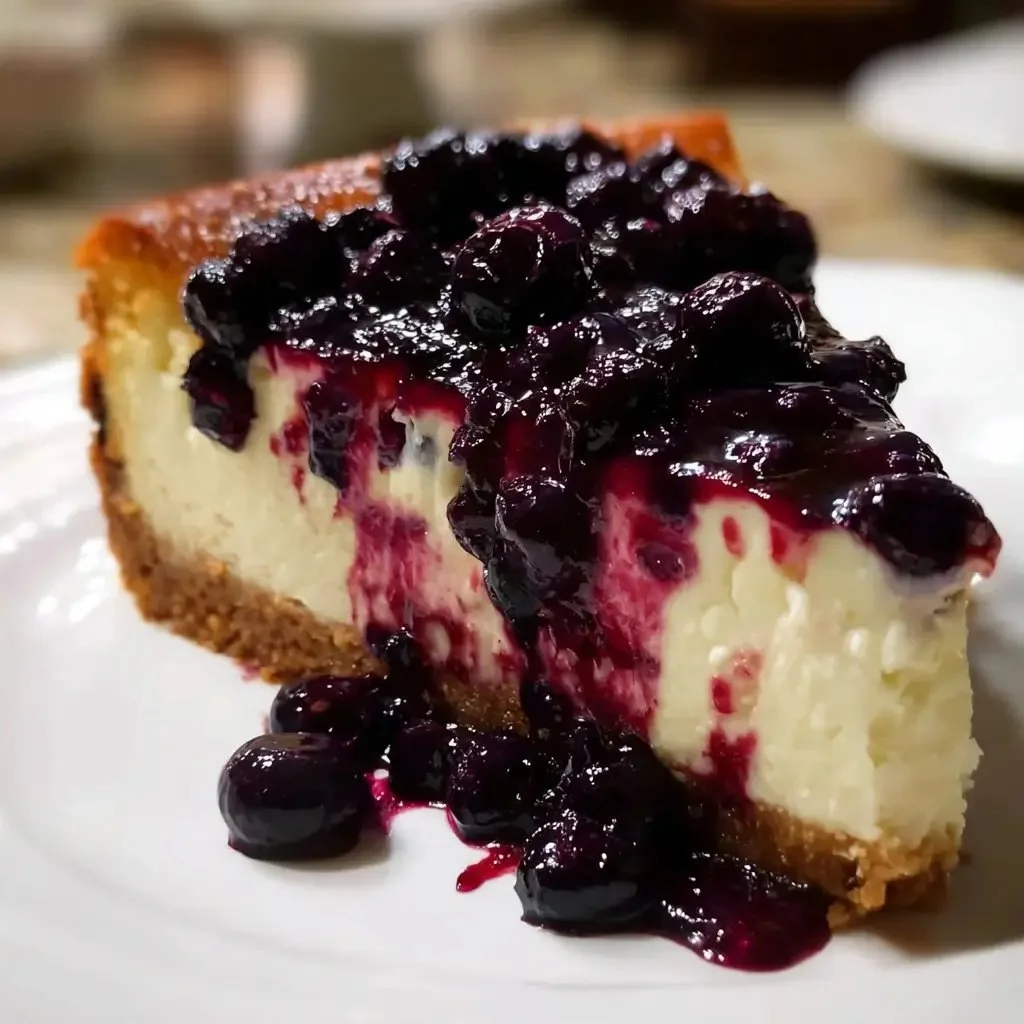 Delicious homemade blueberry cheesecake with fresh blueberries on top