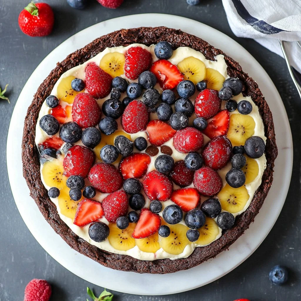 Brownie Fruit Pizza topped with fresh fruits
