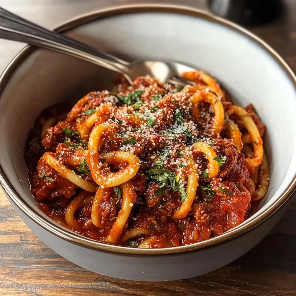 Delicious Bucatini all’Amatriciana served with a sprinkle of cheese