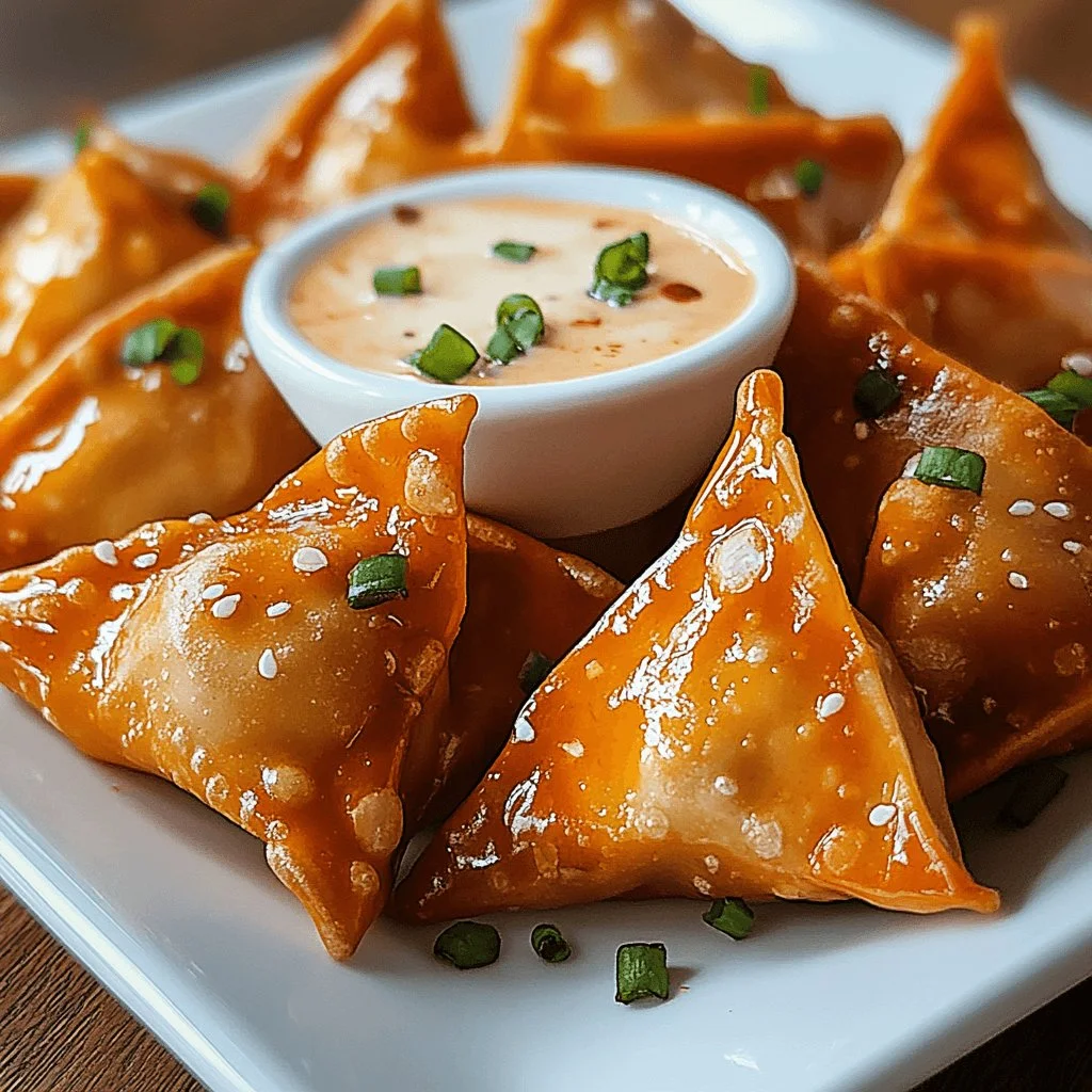 Buffalo Chicken Wontons served with dipping sauce on a platter