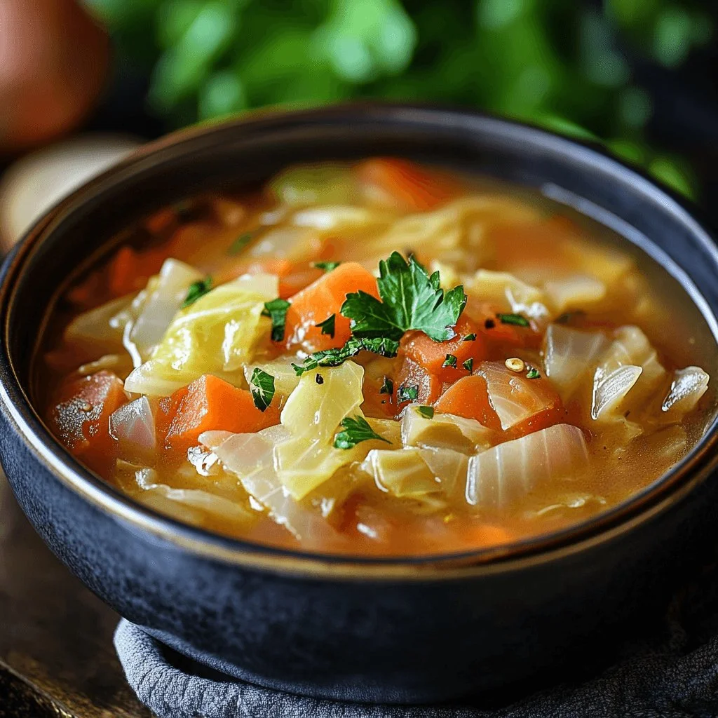 Bowl of homemade cabbage soup with fresh vegetables and herbs