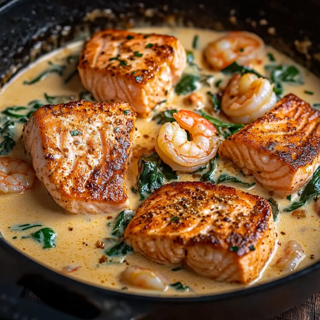 Cajun cream sauce with salmon and shrimp on a plate