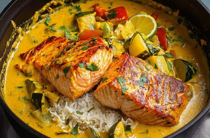 Caribbean-style Coconut Curry Salmon served with vibrant vegetables