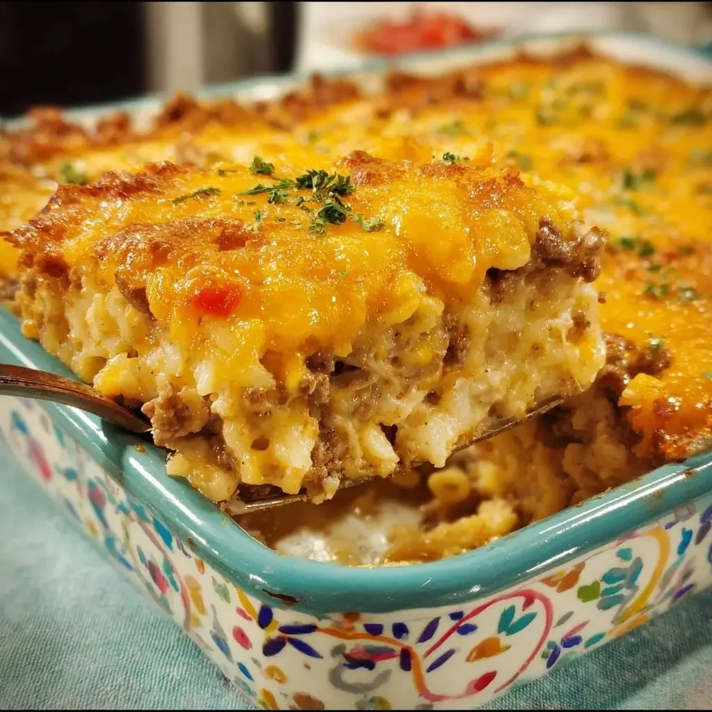 Delicious cheeseburger casserole topped with melted cheese and fresh ingredients.