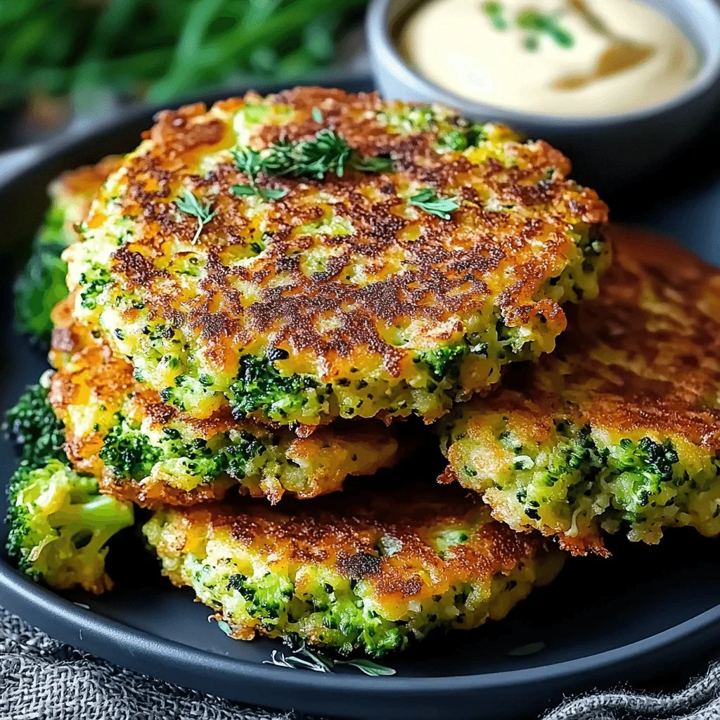 Cheesy broccoli fritters on a plate, garnished and ready to serve.