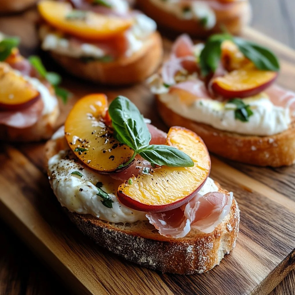 Cheesy Burrata Crostini with prosciutto and peaches on a rustic platter.