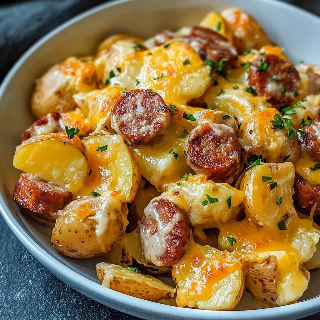 A delicious serving of cheesy ranch potatoes with smoked sausage on a plate.