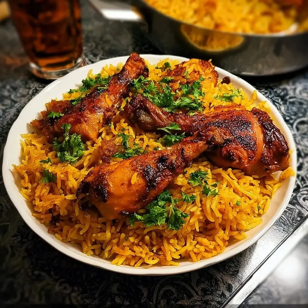 Delicious Chicken Kabsa dish garnished with spices and served on a plate