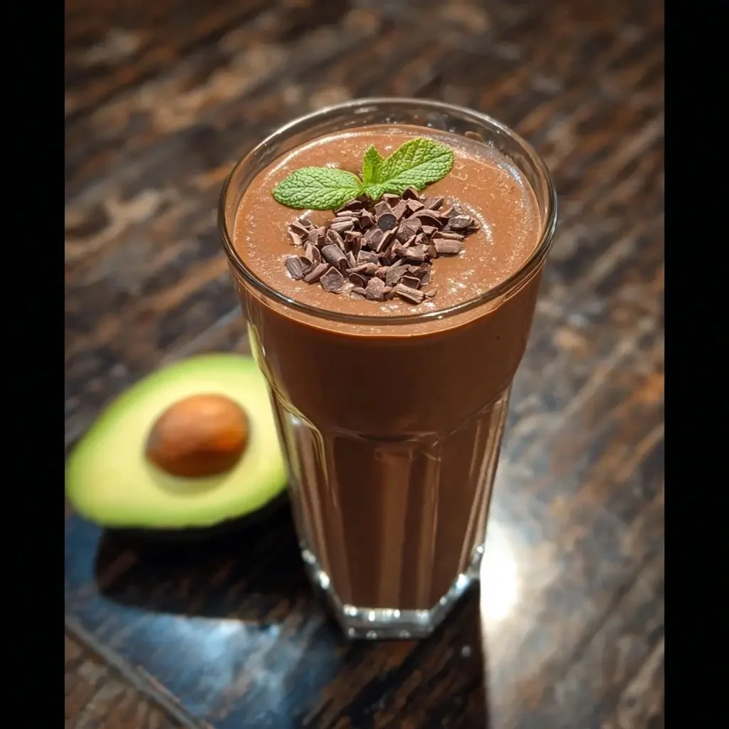 A creamy chocolate avocado smoothie topped with chocolate flakes in a glass