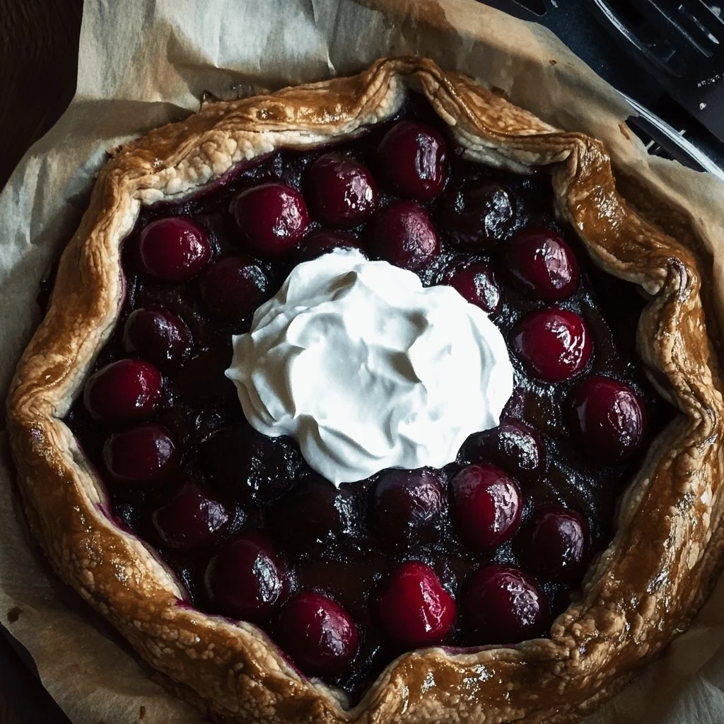 Chocolate cherry galette with whipped cream topping on a wooden table