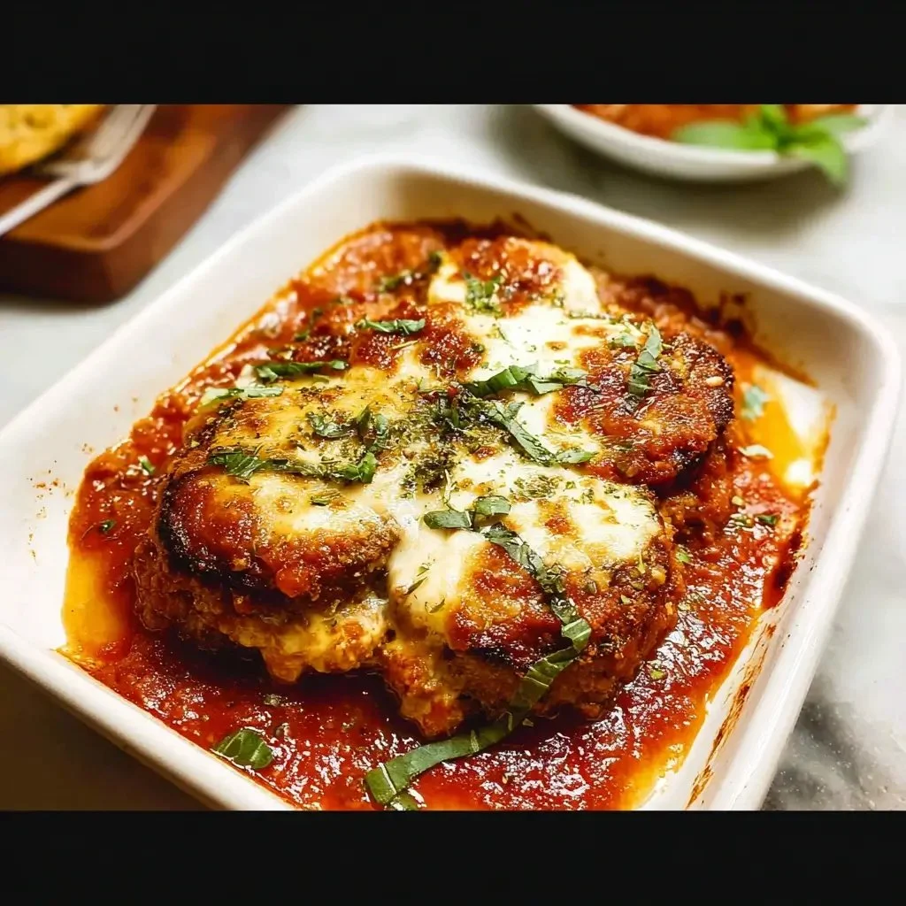 Delicious classic eggplant parmesan served with fresh basil and melted cheese