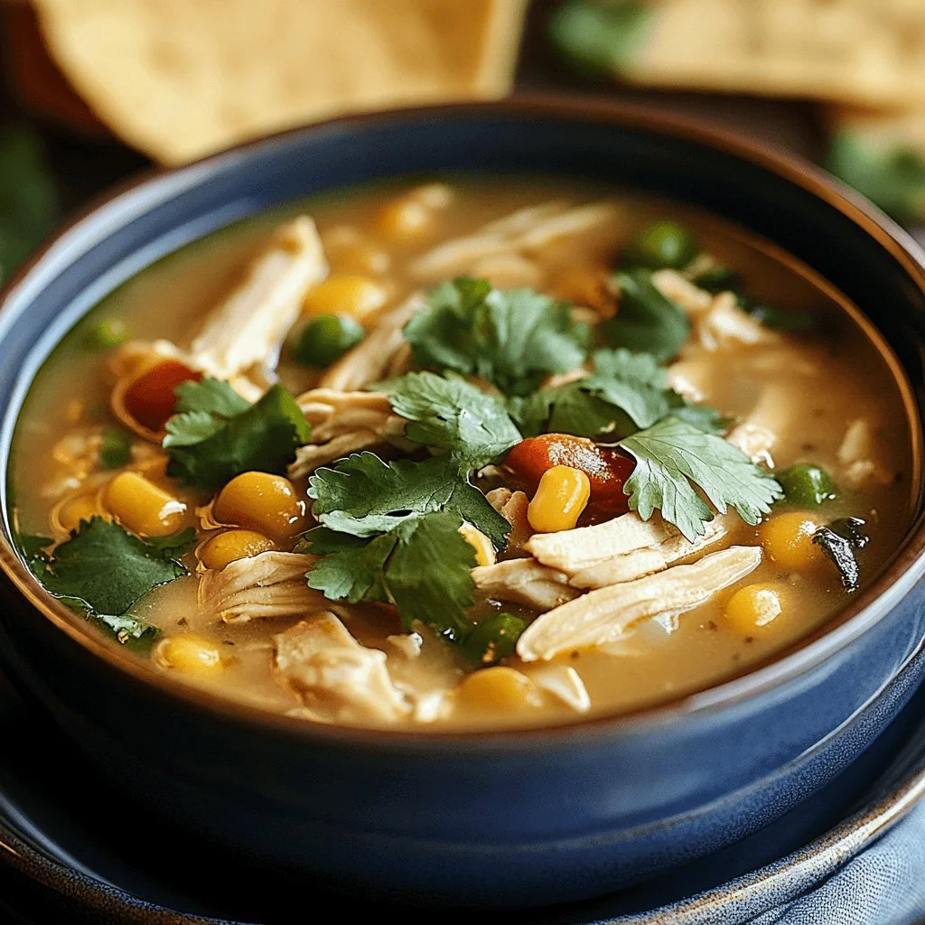 Bowl of classic white chicken chili topped with cilantro and served with tortilla chips.