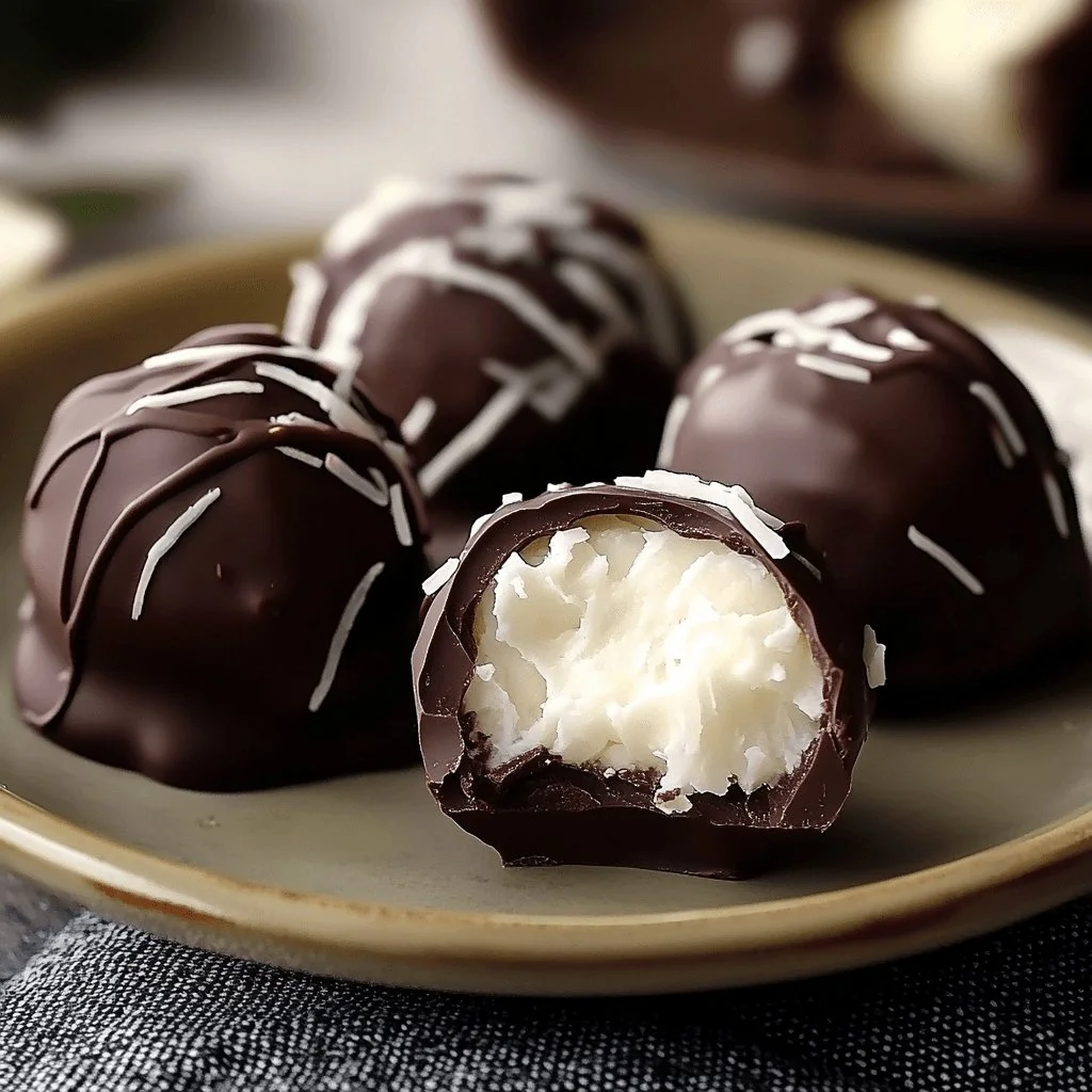 Homemade coconut cream chocolate balls displayed on a plate