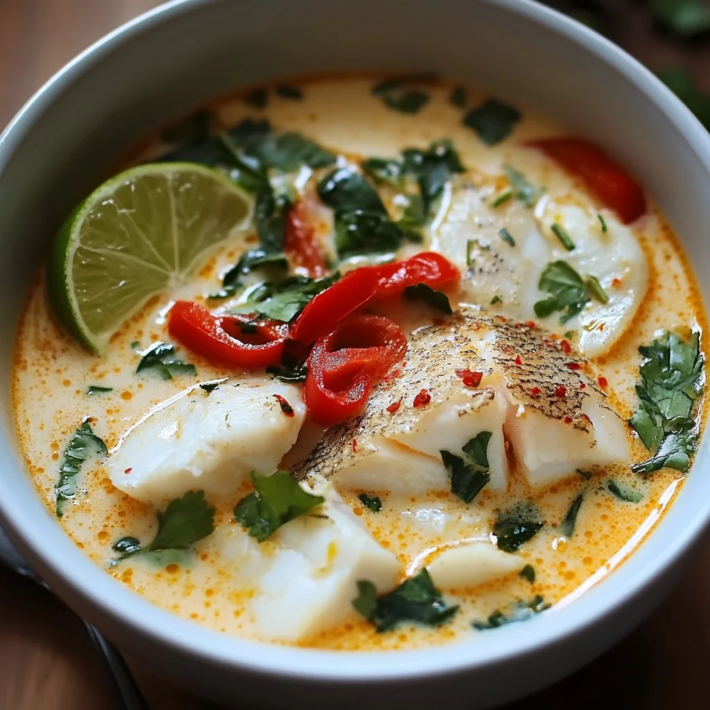 Bowl of Coconut Lime Fish Soup with fresh herbs and lime