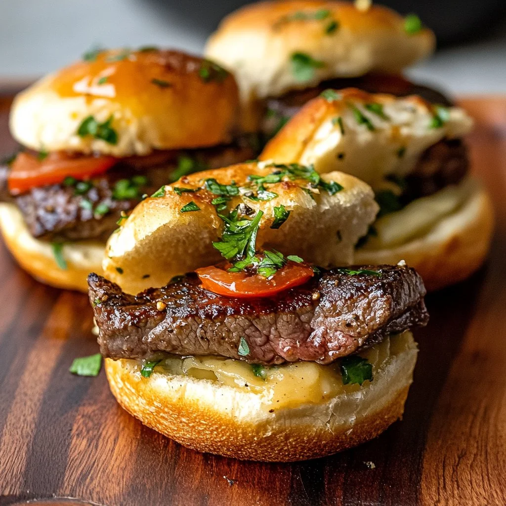 Delicious cowboy butter steak sliders on a rustic wooden platter.