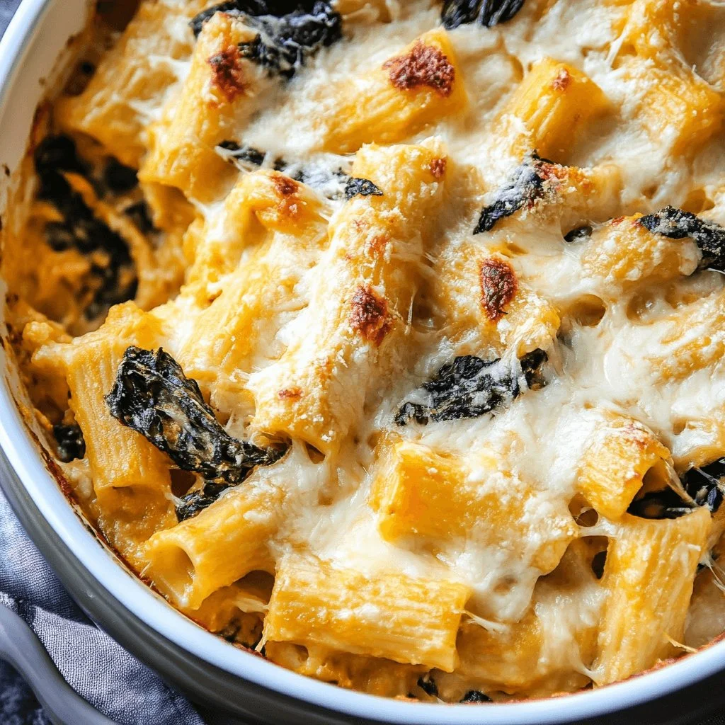Creamy butternut squash rigatoni bake with herbs and melted cheese