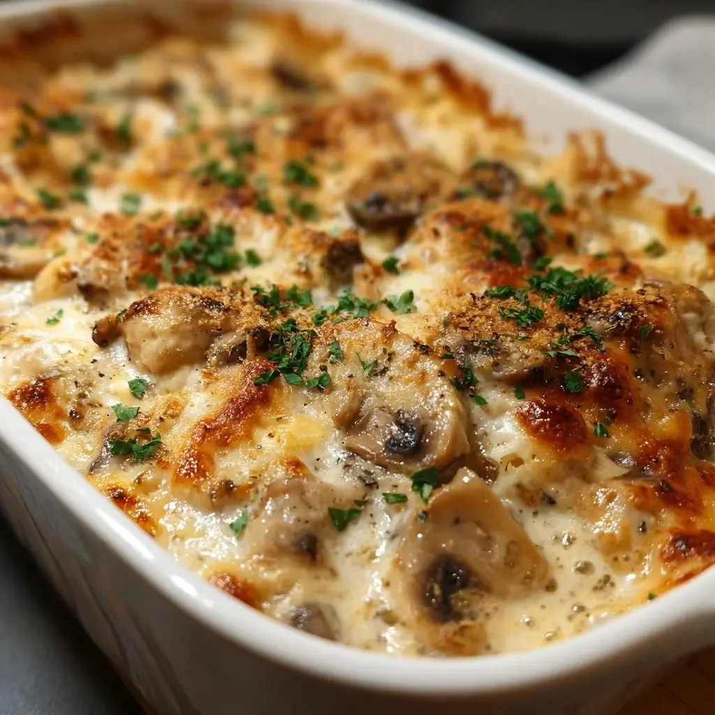 Creamy chicken and mushroom casserole baked dish with melted cheese