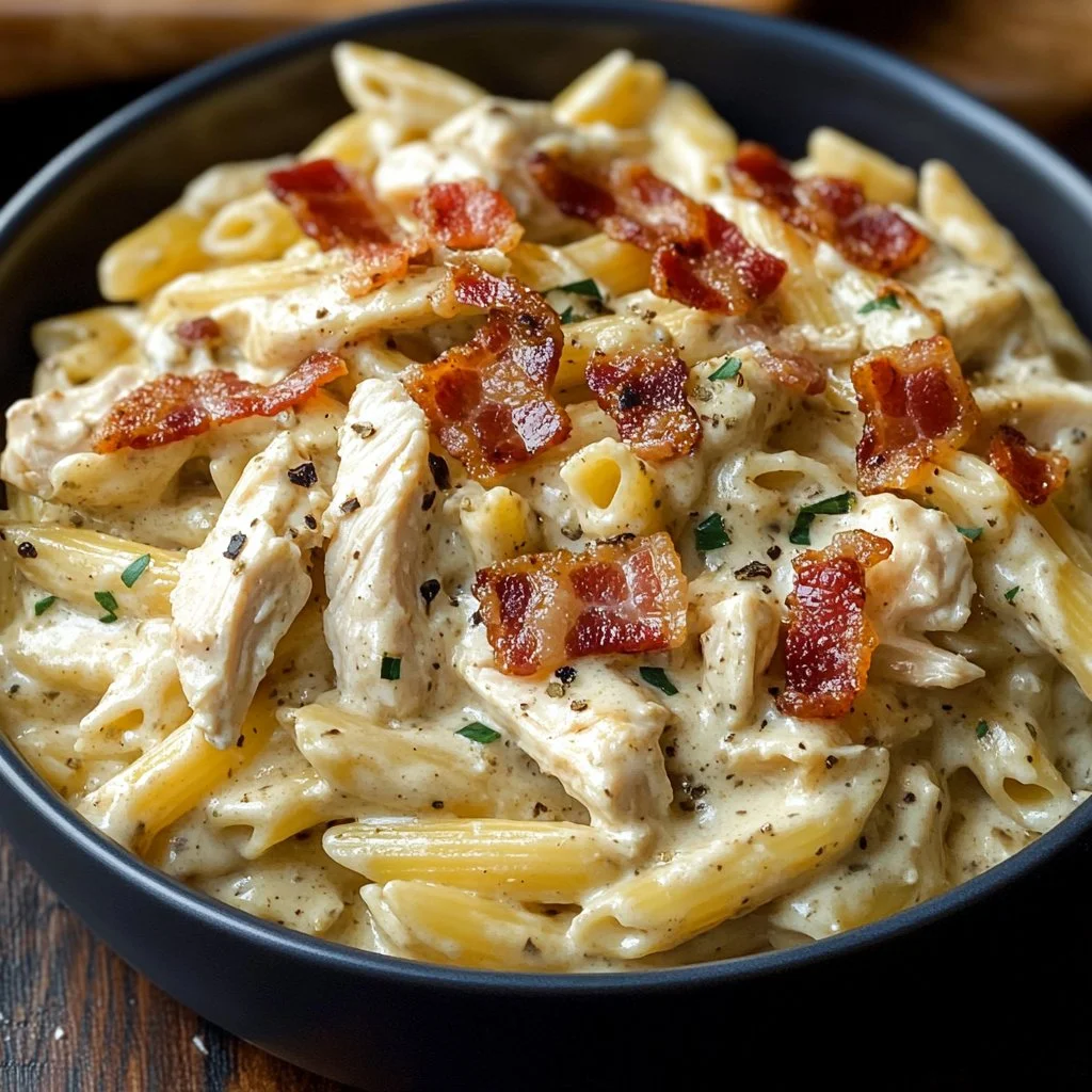 Creamy chicken bacon ranch pasta topped with crispy bacon and fresh herbs.