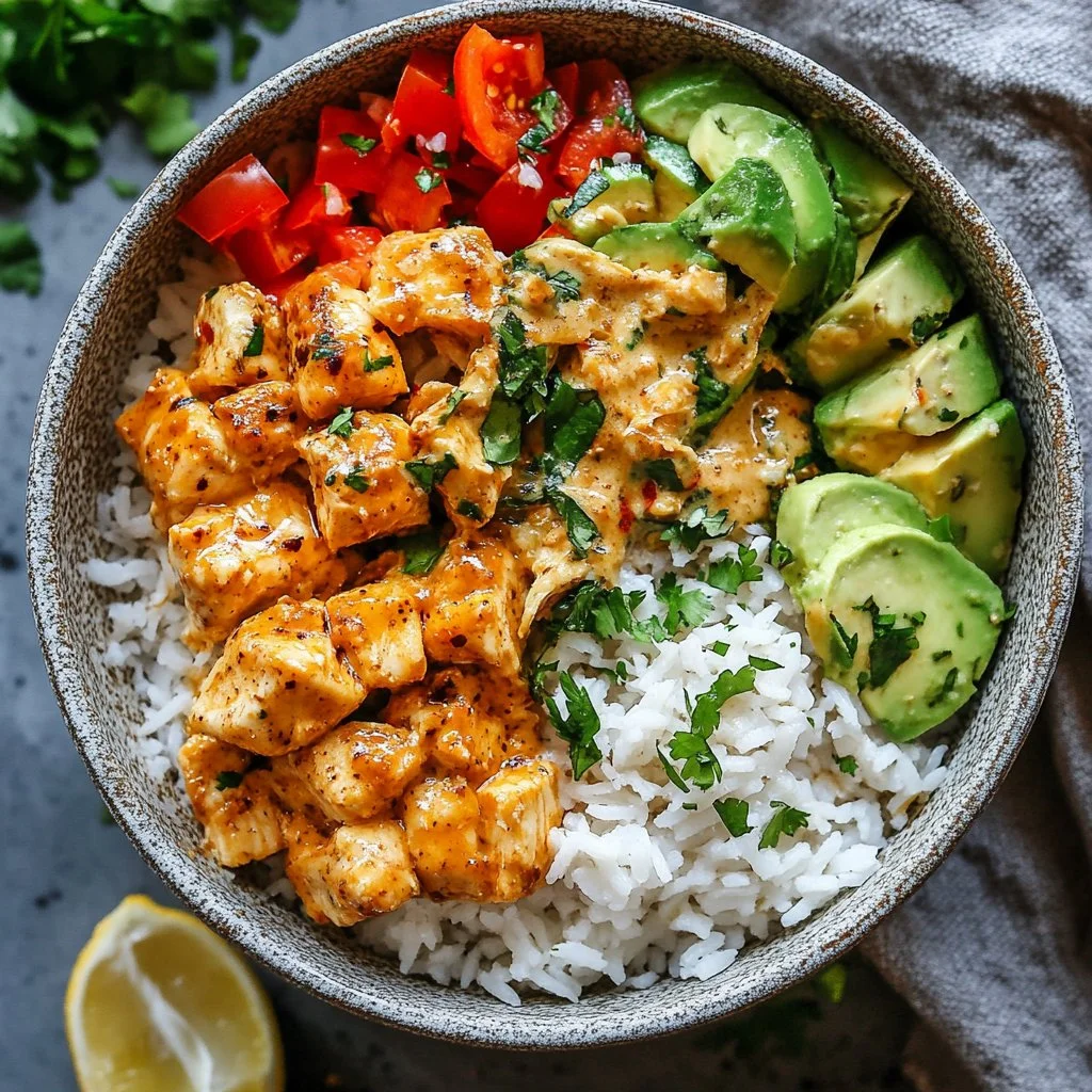 Creamy Coconut Chicken Rice Bowl with fresh herbs and vegetables