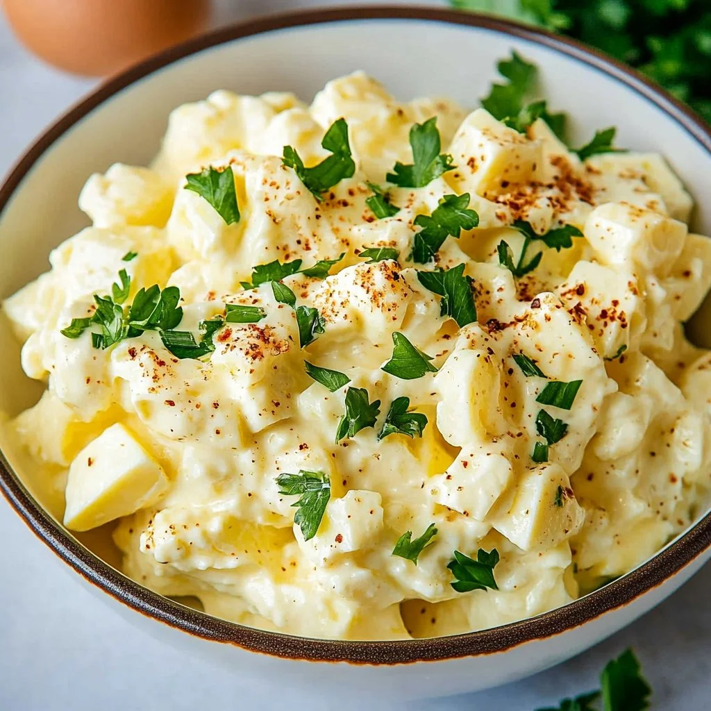 Creamy egg salad served on a plate with fresh herbs and bread