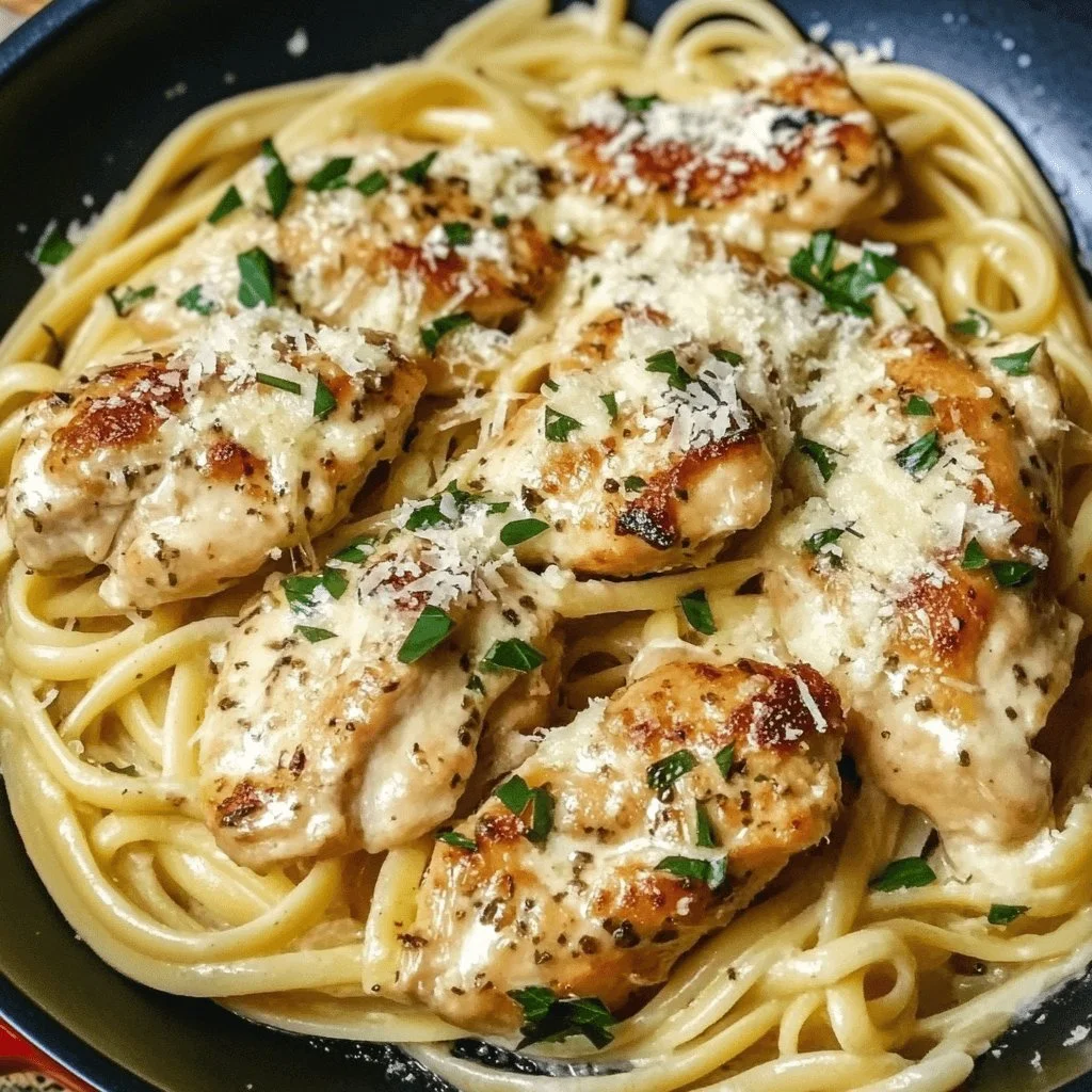 Creamy Garlic Chicken Parmesan Pasta served in a bowl with herbs and cheese