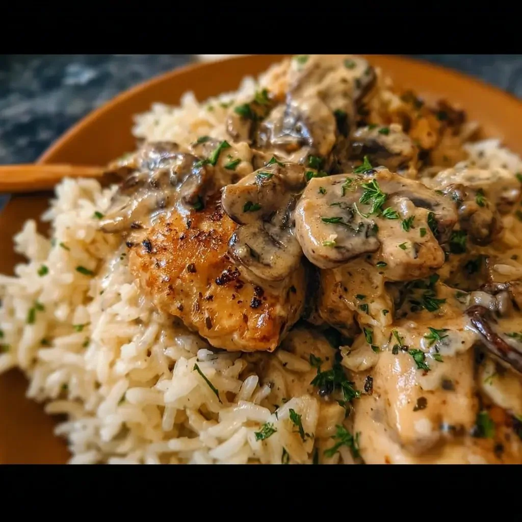 Creamy mushroom chicken served over rice in a bowl