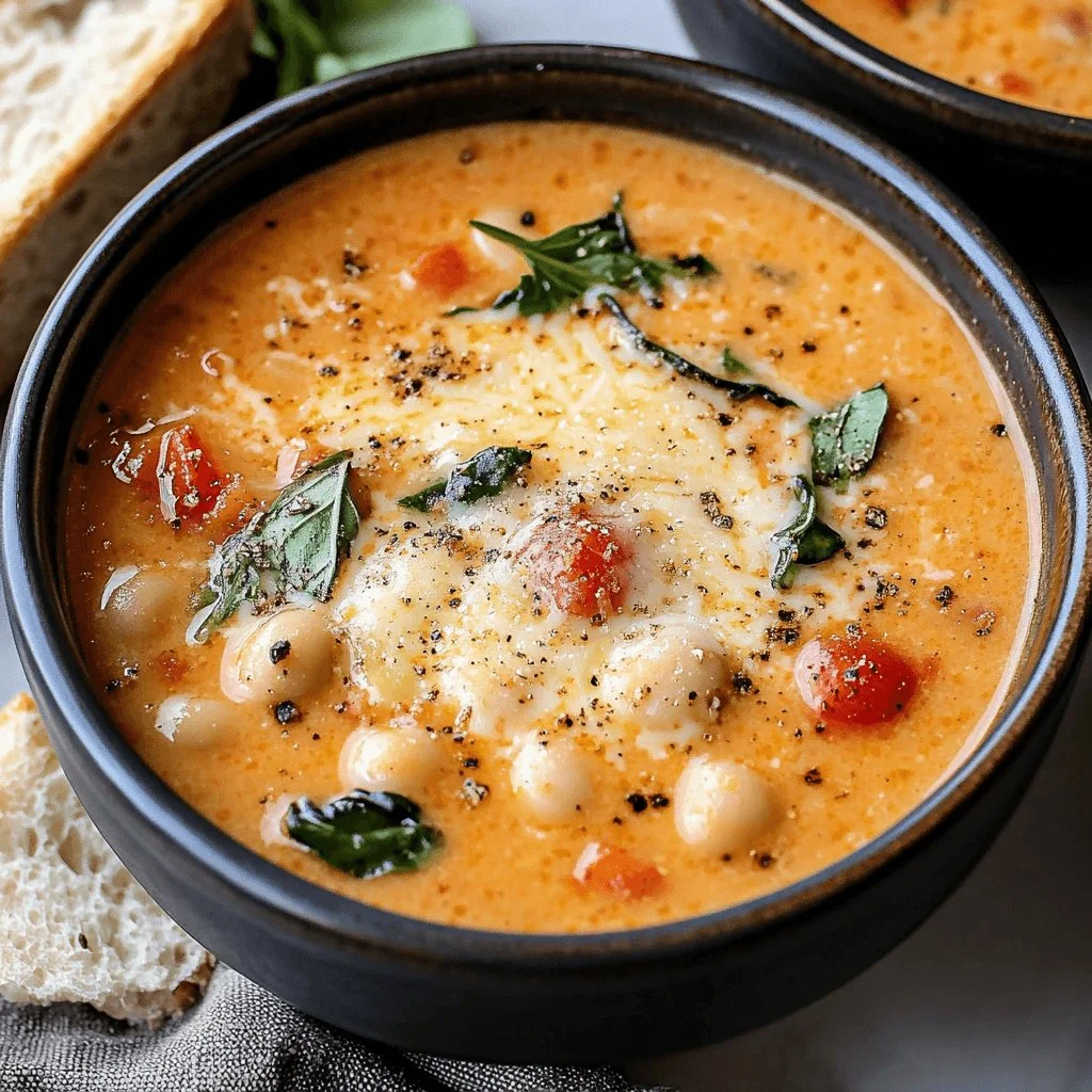 Creamy Parmesan Tomato Soup with Cannellini Beans in a bowl