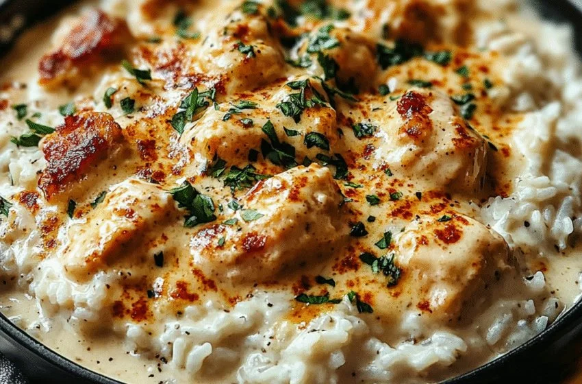 Creamy smothered chicken served over rice in a delicious creamy sauce.