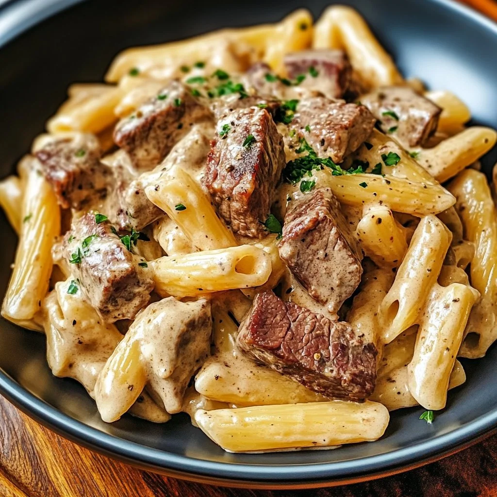 Creamy steak pasta with tender beef and a rich sauce served on a plate