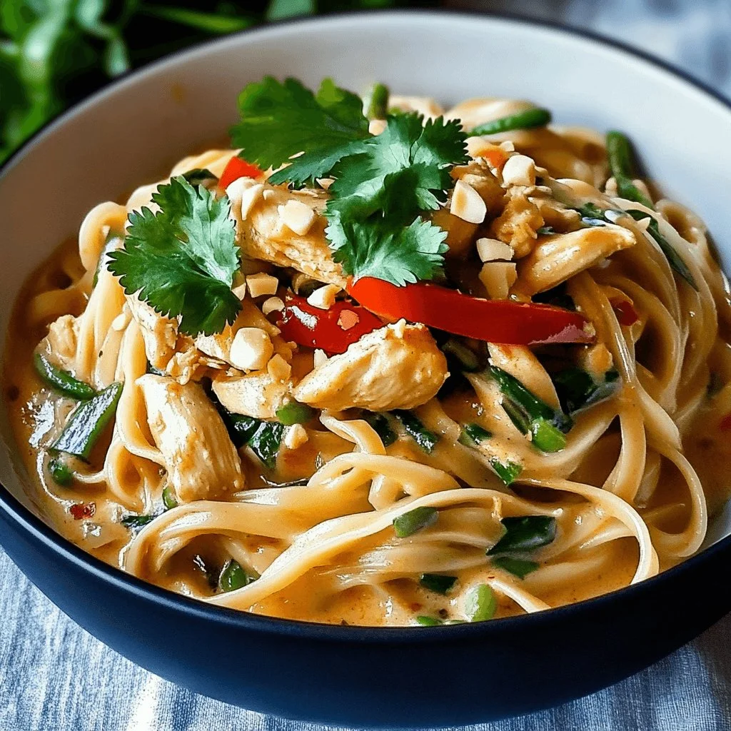 Creamy Thai chicken noodles served in a bowl with fresh herbs and vegetables