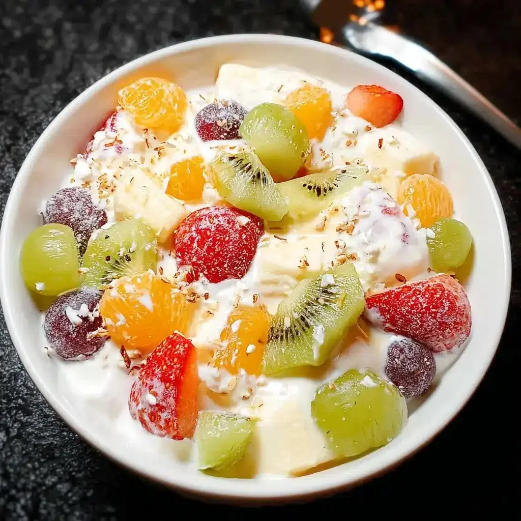 Creamy vanilla pudding fruit salad served in a bowl with fresh fruit.