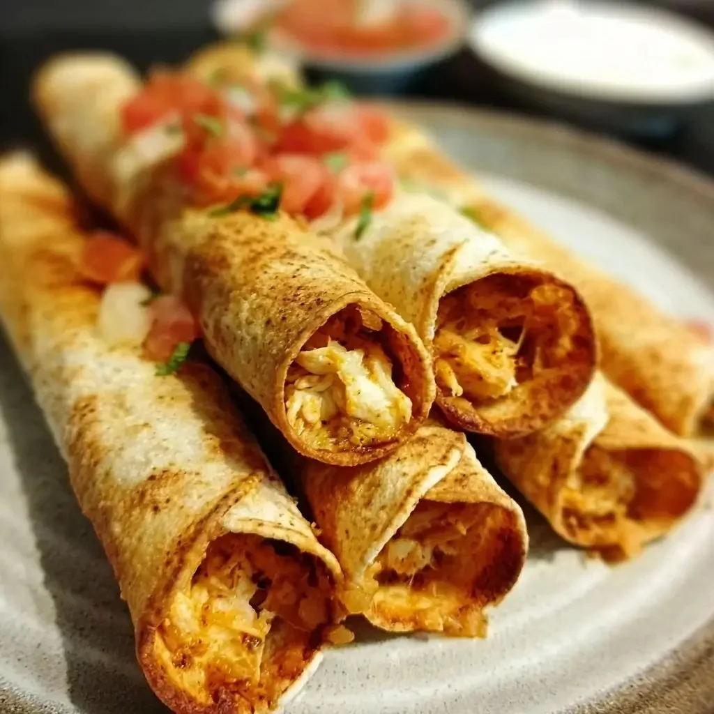 Golden crispy air fryer chicken taquitos served on a plate.
