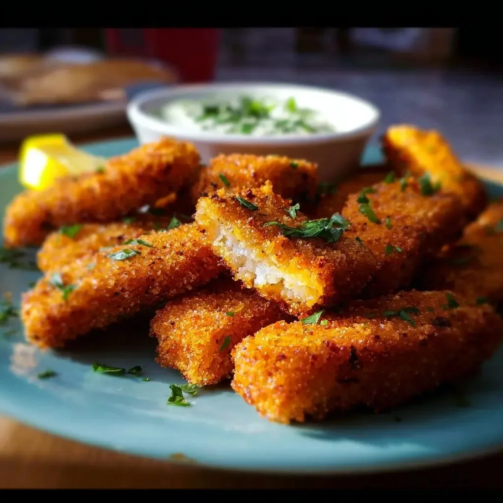 Crispy homemade fish sticks served with tartar sauce on a plate