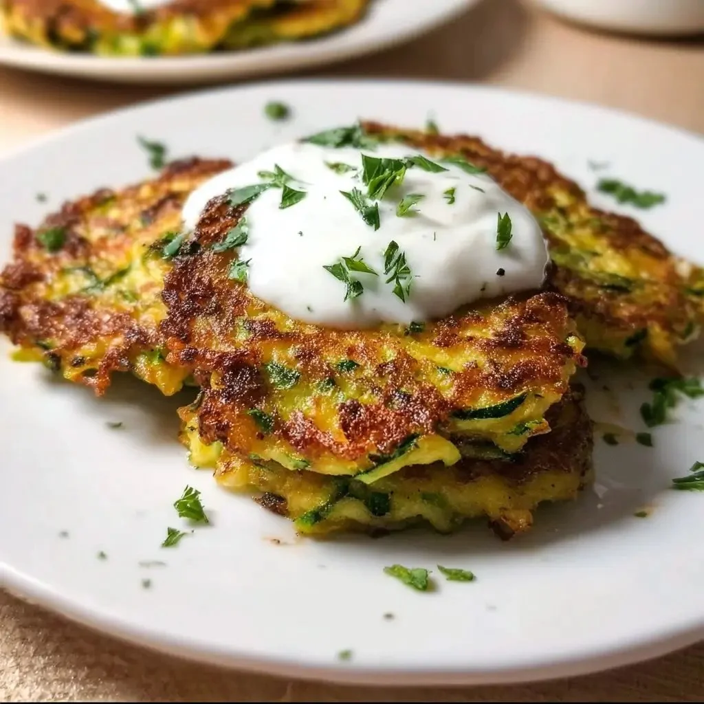Crispy Zucchini Fritters served with dipping sauce on a plate