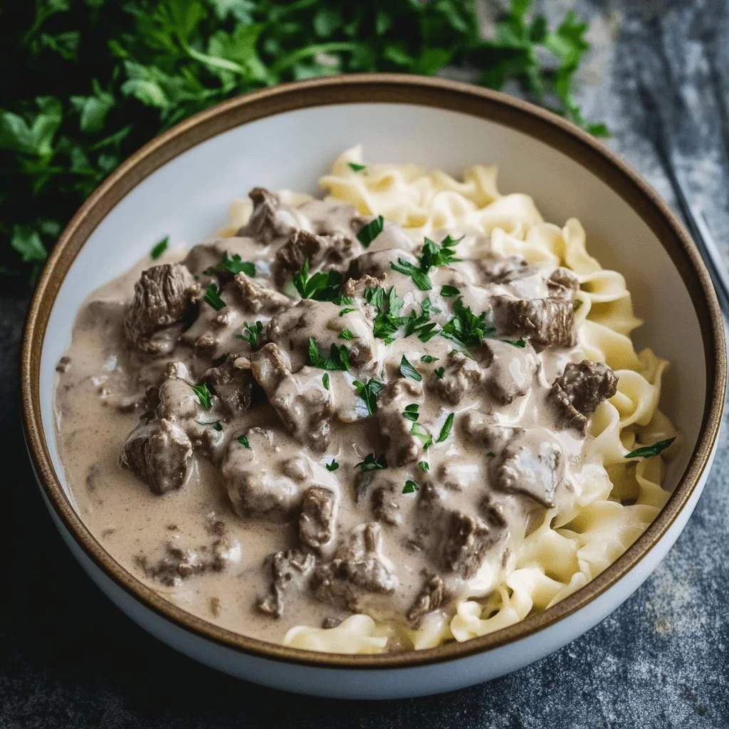 Delicious Crockpot Beef Stroganoff served in a bowl with noodles and garnished.