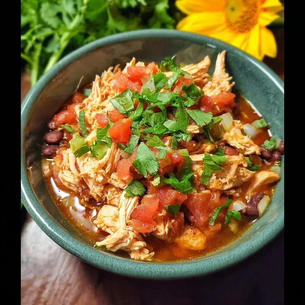 Delicious Crockpot Mexican Chicken served in a bowl with fresh toppings