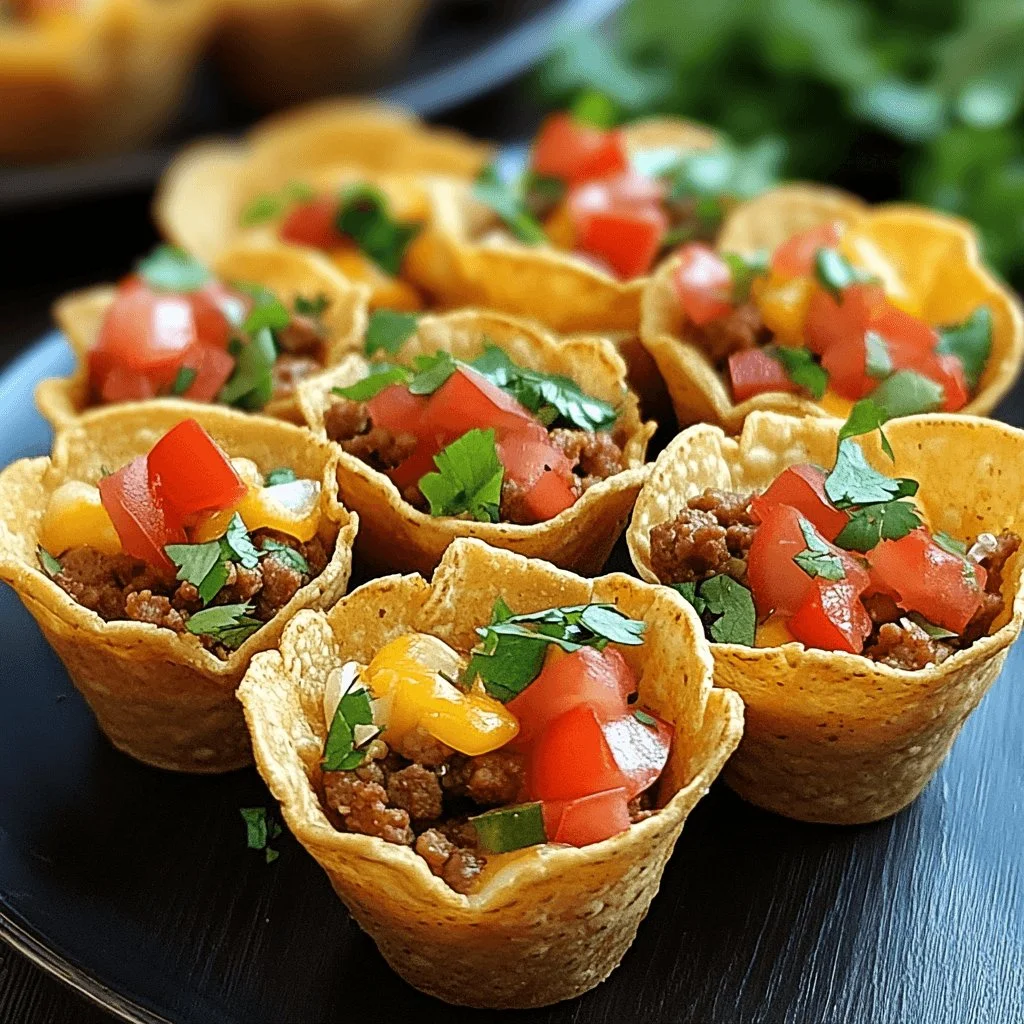 Delicious crunchy taco cups filled with seasoned meat and fresh toppings.