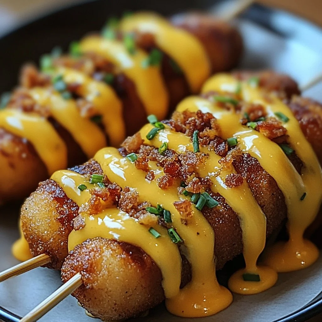 Deep-fried bacon cheeseburger corn dogs served on a plate