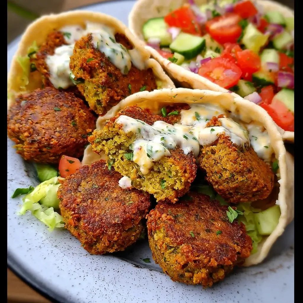 Bowl of crispy falafel served with tahini sauce and fresh vegetables