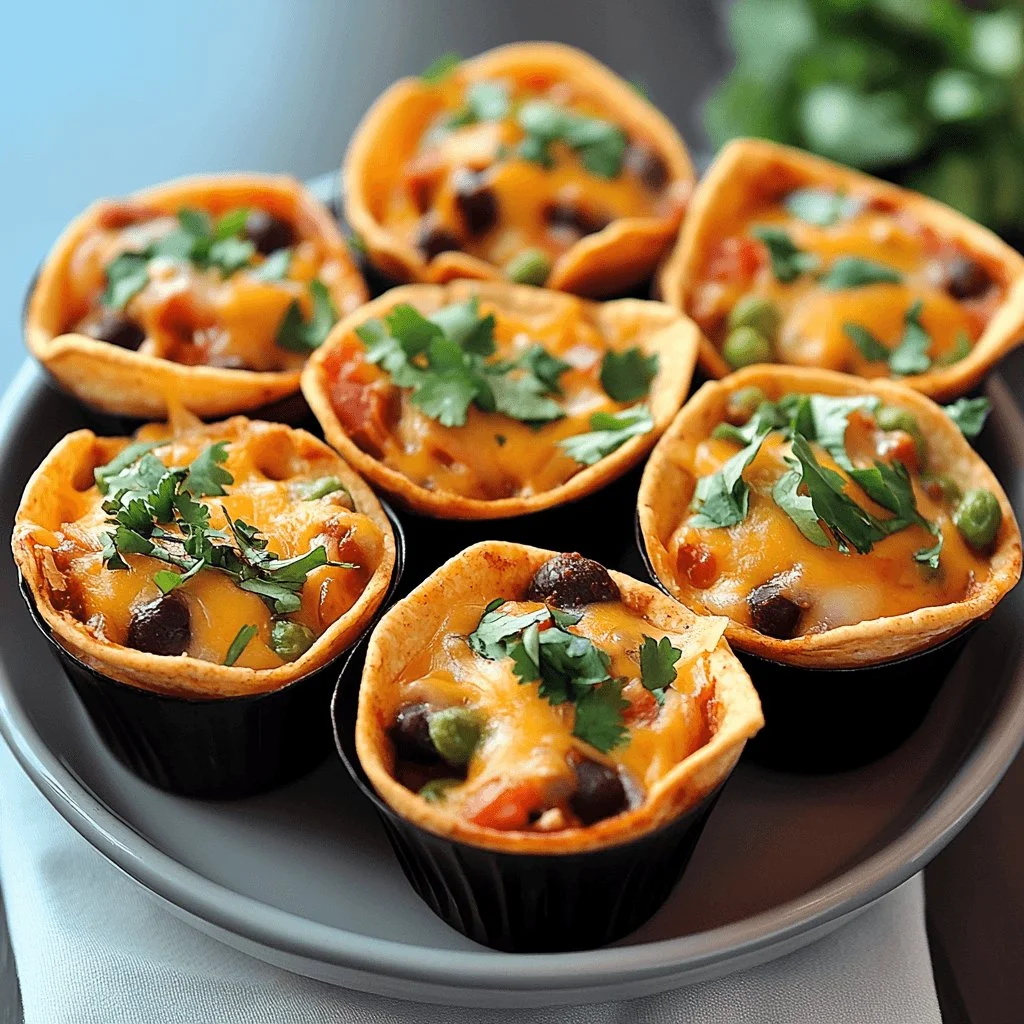 Baked easy enchilada cups topped with cheese and salsa on a plate.