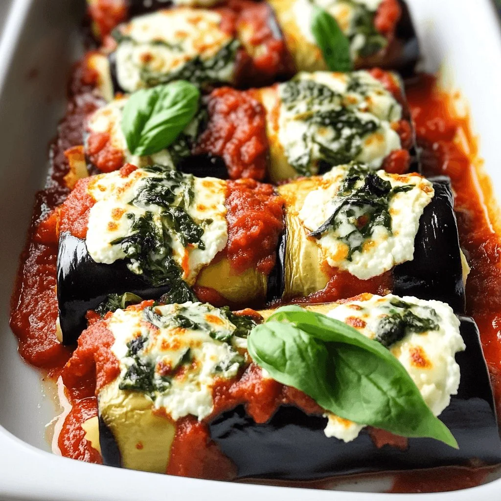 Eggplant roll-ups with creamy ricotta and spinach on a plate