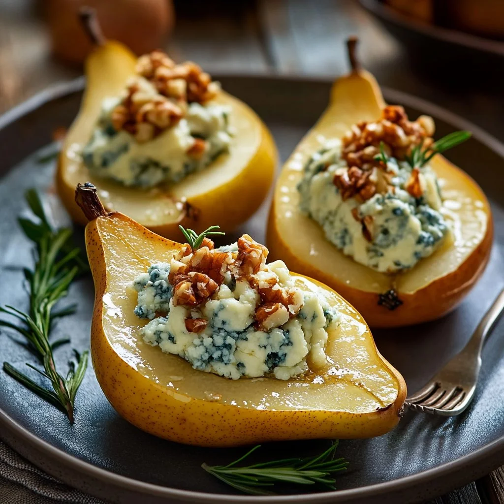 Elegant blue cheese stuffed pears on a plate ready to be served
