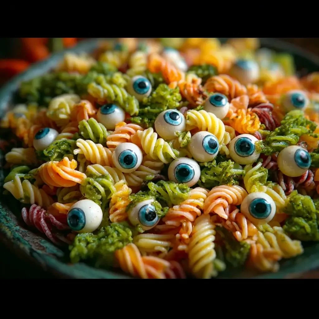 Eyeball Pasta Salad served in a spooky Halloween-themed bowl