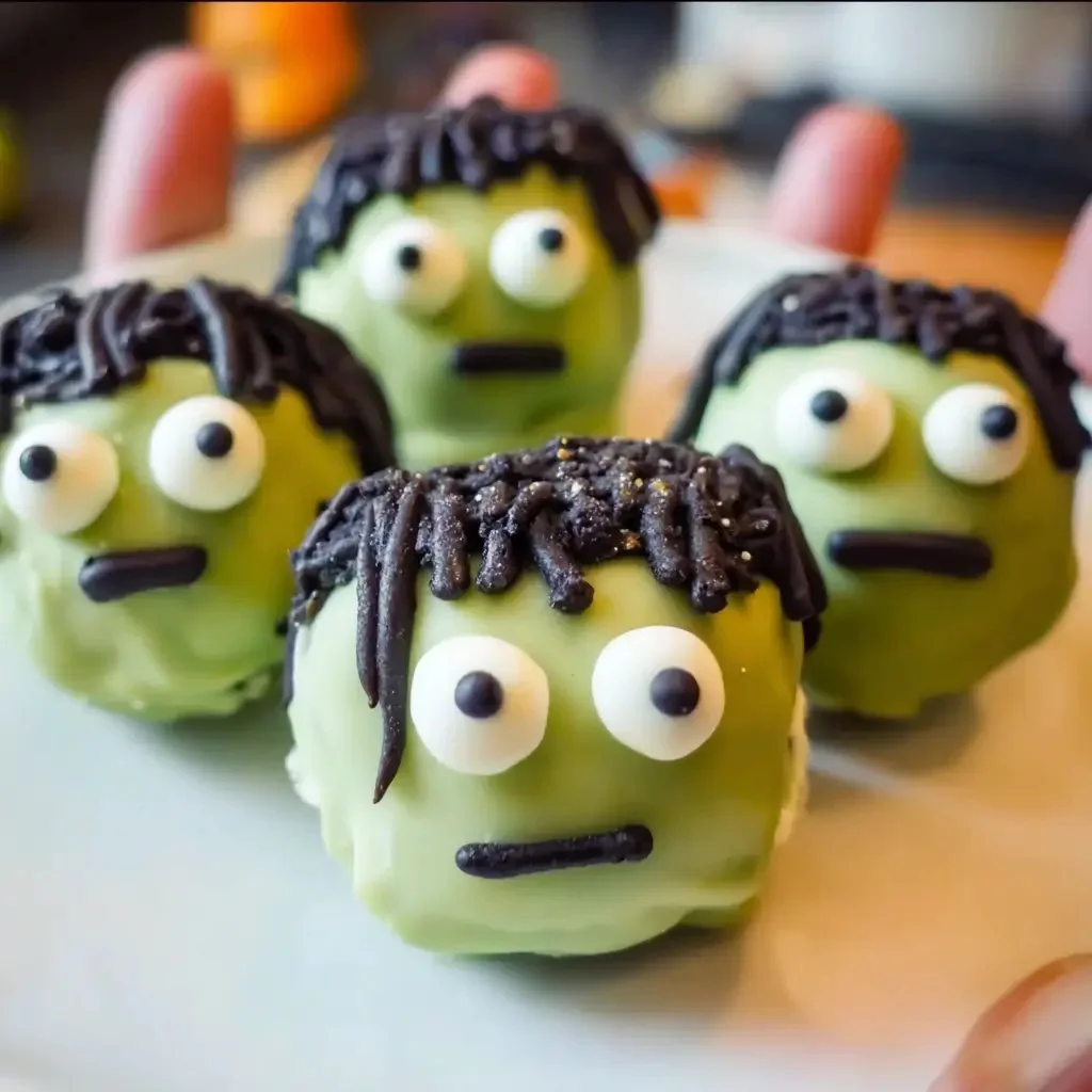 Halloween-themed Frankenstein Oreo Balls decorated with green chocolate and eyes.