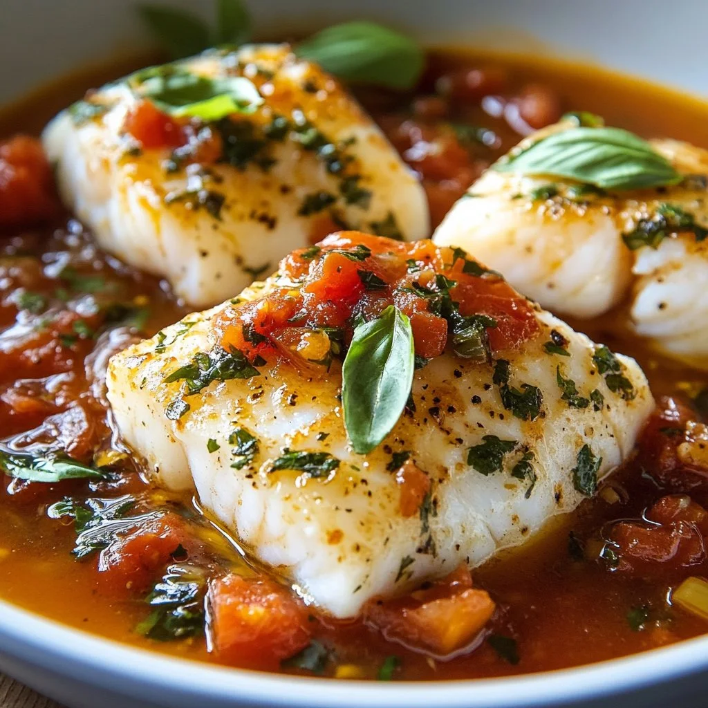 Fresh cod fillet topped with tomato basil sauce, served with herbs.