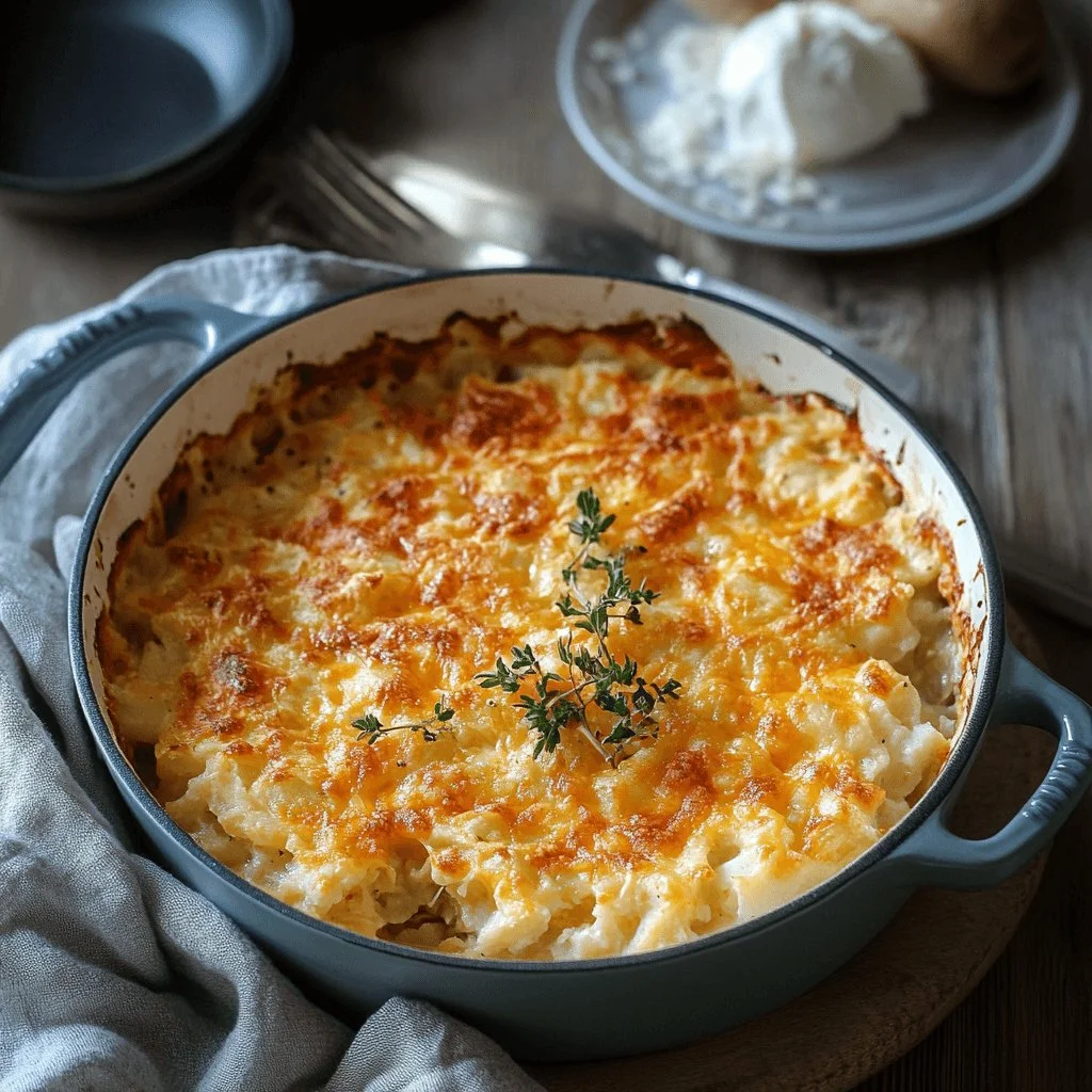 Delicious funeral potatoes topped with crunchy breadcrumbs in a baking dish.