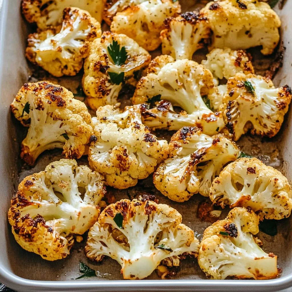 Delicious garlic butter roasted cauliflower topped with fresh herbs