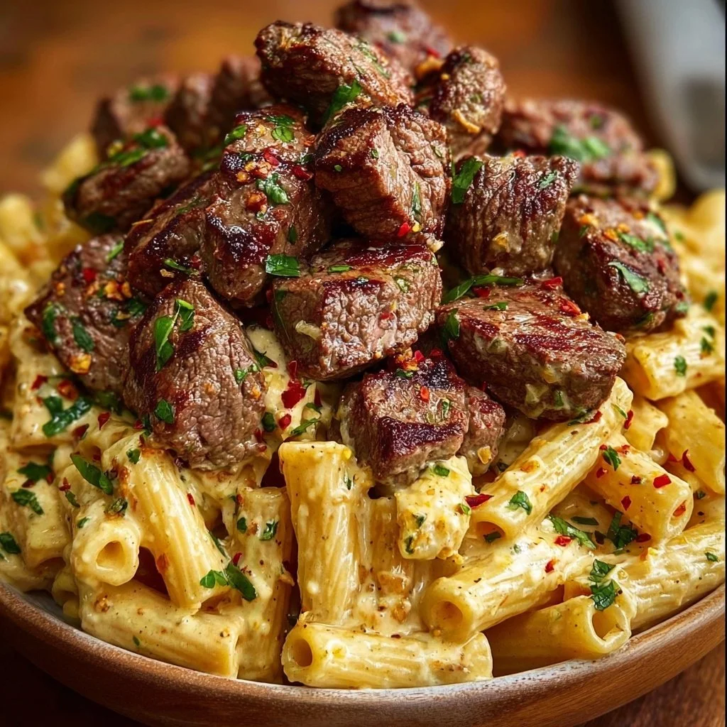 Garlic Butter Steak Bites served over creamy Pepper Jack penne dish