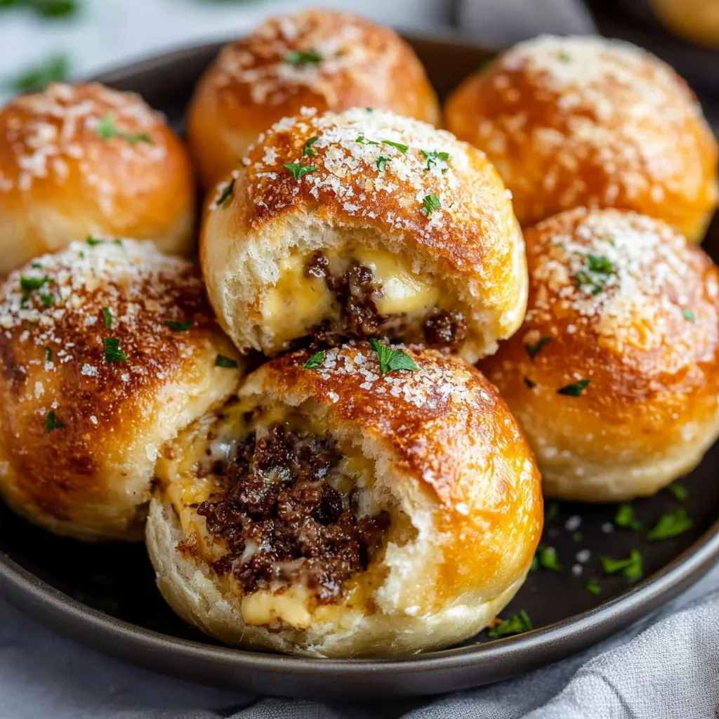 Garlic Parmesan Cheeseburger Bombs served with dipping sauce on a plate.