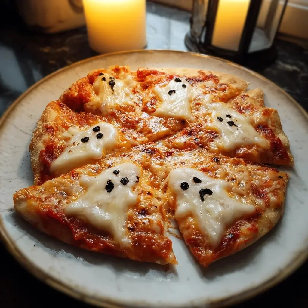 Deliciously spooky ghost pizza with cheese and toppings for Halloween
